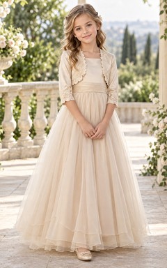 Modest Champagne A-line Tulle Lace-bolero Three-quarter-sleeve Floor-length Scalloped Flower Girl Dress