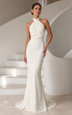 Vestido de fiesta blanco sensual de satén sin mangas con escote halter y cola de sirena