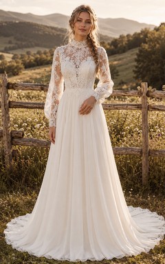 Vestido de novia de encaje campestre, corte A, escote en V, manga larga, cola de capilla.
