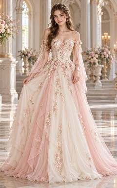 Robe de bal médiévale rose poudré à épaules dénudées, corset fleuri et tulle drapé