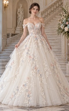 Off Shoulder Floral Corset Tulle Chapel Train Ball Gown Wedding Dress