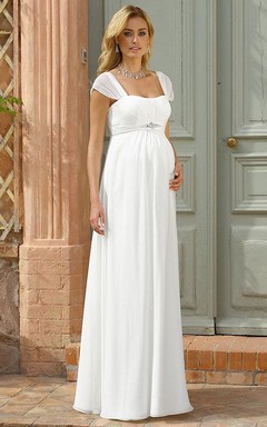 Sheath Cap Sleeve Empire Square Neck Jeweled Chiffon Wedding Dress