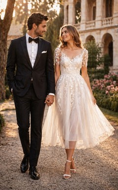 Robe de mariée romantique en dentelle, longueur thé, manches courtes et jupe en tulle