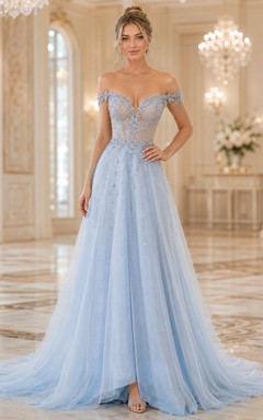 Sky Blue Off-Shoulder Beaded Tulle A-Line Sweep Prom Formal Gown
