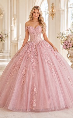 Vestido de quinceañera largo hasta el suelo, de lujo, color rosa empolvado, con hombros descubiertos, bordados florales y encaje, tul y vestido de gala.