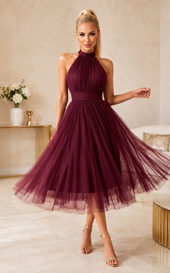 Burgundy Halter High Neck Pleated Tea-Length A-Line Elegant Bridesmaid Dress