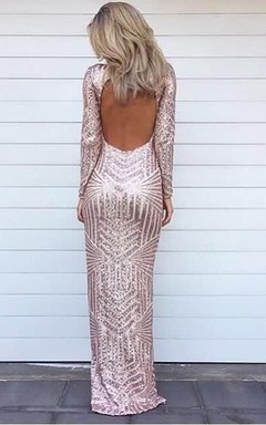 Impresionantes vestidos de fiesta de lentejuelas con mangas largas y espalda descubierta, vestidos de noche asimétricos.