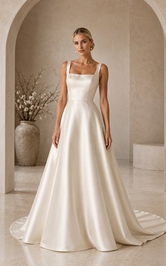 Champagne Square Neck Sleeveless Satin A Line Bridal Gown