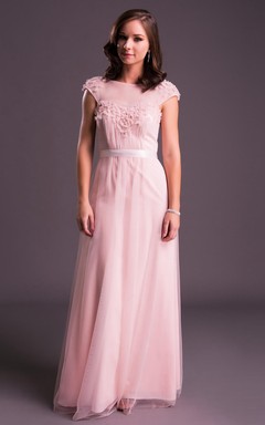 Long Ruched Jewel-Neck Cap-Sleeve Tulle Prom Dress With Flower