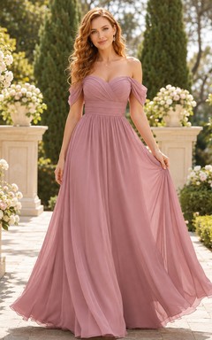 Tender Dusty-Rose Off-Shoulder Sweetheart Ruched Chiffon A-Line Floor-Length Bridesmaid Guest Dress