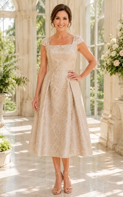 Robe de mère champagne à col carré, longueur thé et coupe trapèze