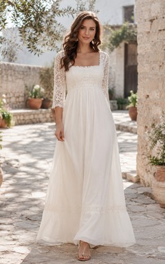 Robe de mariée bohème abordable à col carré, manches trois-quarts en dentelle et longueur cheville