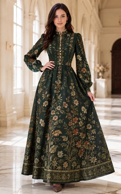 Dark Green Victorian Botanical High Neck Long Sleeve Maxi Dress