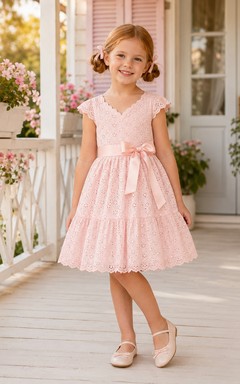 Robe de demoiselle d'honneur rose poudré, romantique, en dentelle ajourée, col en V, manches pétales, nœud sur le devant, à volants, longueur genou, coupe trapèze.