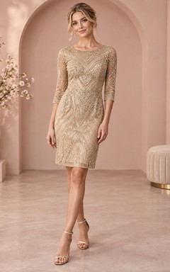 Vestido de cóctel discreto de manga tres cuartos con lentejuelas y cuello joya color oro
