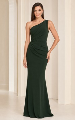 Dark Green One-Shoulder Sleeveless Satin Sheath Evening Dress