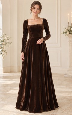 Winterliches Brautjungfernkleid aus essigem Samt mit eckigem Ausschnitt, langen Ärmeln und A-Linien-Schliff, Espresso-Optik