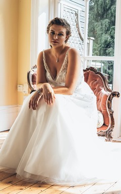 A-Line Floor-Length V-Neck Sleeveless Tulle Sweep Train Crystal Detailing Dress