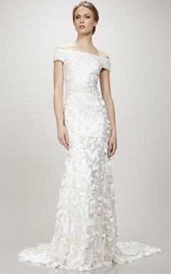 Off-The-Shoulder Maxi Beaded Sequins Wedding Dress With Court Train