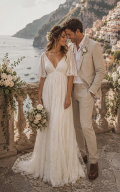 Half-sleeve V-neck Lace Boho Country Empire Wedding Dress
