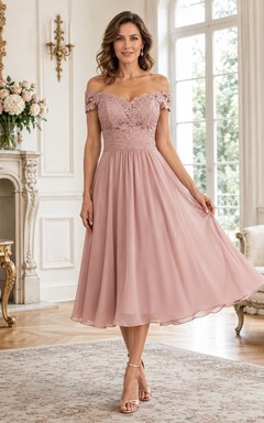 Dusty Rose Off-the-shoulder Pleated Chiffon A-Line Tea-length Romantic Dress