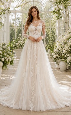 Lace Tulle Wedding Dress A-Line V-Neck Long Sleeve Sweep Train Bridal Gown