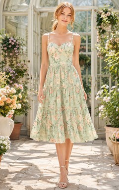Mint Floral Spaghetti Strap Tiered Midi Garden Party Dress