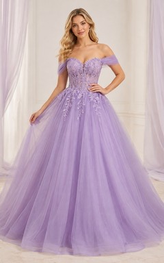 Lavender Prom Appliqued Ball Gown Off-the-shoulder Tulle Short Sleeve Floor-length Romantic Dress