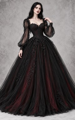 Robe de bal gothique noire à décolleté cœur et manches longues style poète