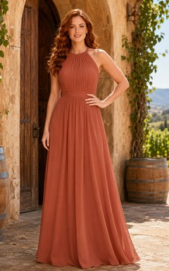 Terracotta Chiffon A-Line Halter High Neck Sleeveless Pleated Open Back Floor-Length Bridesmaid Dress