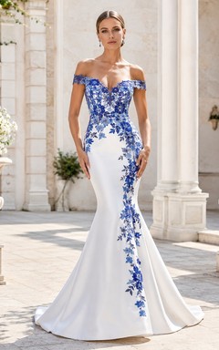 Himmelblaues, kobaltblaues Meerjungfrauen-Brautkleid aus Satin mit schulterfreiem Ausschnitt und kurzen Ärmeln