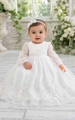 Schlichtes Taufkleid für Babys, A-Linie, bodenlang, mit Rundhalsausschnitt, langen Ärmeln, Tüll, Schleife am Rücken, Knopfleiste am Rücken