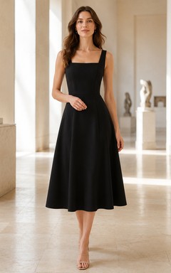 Black Square Neck Wide Strap A Line Gallery Midi Dress