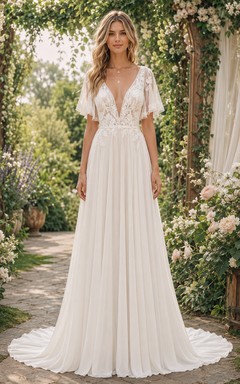 Robe de mariée simple en dentelle et mousseline, coupe trapèze, manches courtes, col en V, traîne, couleur ivoire.