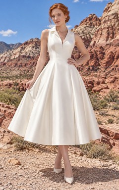 Vestido de novia sencillo de corte A, largo hasta la rodilla, escote en V, sin mangas, plisado, de satén de algodón