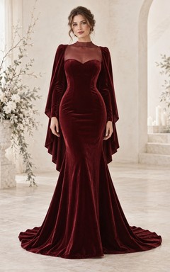 Vestido de novia de terciopelo con capa y escote corazón, manga larga, color burdeos, estilo sirena, ideal para invierno.