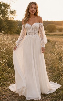 Boho Off Shoulder Lace Bishop Sleeve A-Line Wedding Dress