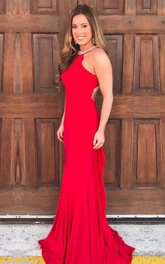Casual Jersey Mermaid Sheath Halter Sleeveless Prom Dress With Straps Beading