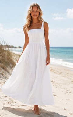 White Square Neck Strap Linen Beach Vacation Maxi Dress