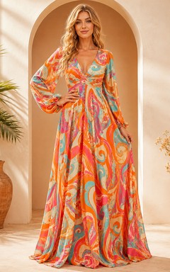 Seventies Psychedelic Print Bell Sleeve Flowing Maxi Occasion Dress