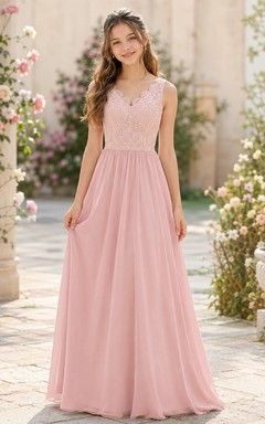 Elegantes, rosafarbenes Brautjungfernkleid im A-Linien-Stil mit Muschelsaum, ärmellos, aus Chiffon und Spitze