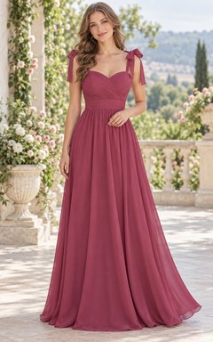 Vestido largo de dama de honor sencillo, color frambuesa, corte A, escote corazón, gasa, tirantes con lazo y fruncido