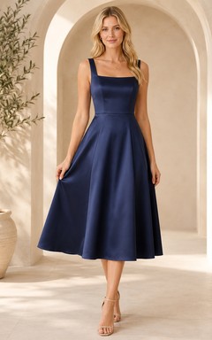 Dark Navy Satin Square Neck Sleeveless A-Line Tea-Length Simple Evening Dress