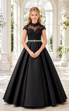 Black Lace Cap Sleeve Satin A-Line Crystal Flowergirl Dress