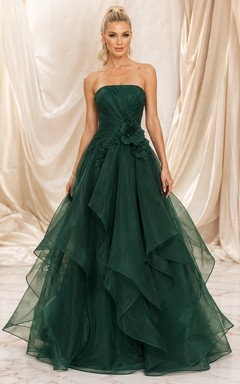 Dark Green Strapless Organza Ball Gown Floor-Length Cascading Formal Dress
