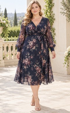 Vestido de invitada de talla grande, corte A, cuello en V, manga larga, largo midi, estampado floral azul marino tinta