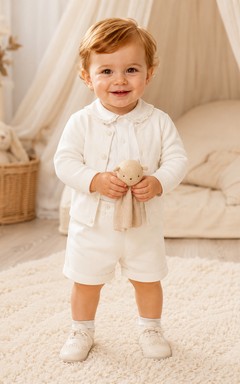 Weißes Strick-Cardigan-Set mit Peter-Kragen und Taufshorts für Jungen