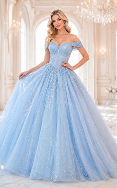 Sky Blue Fairytale Off Shoulder Sweetheart Glitter Tulle Quinceanera Princess Ball Gown
