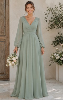 Sage Long Sleeve V-neck A-Line Chiffon Bridesmaid Dress