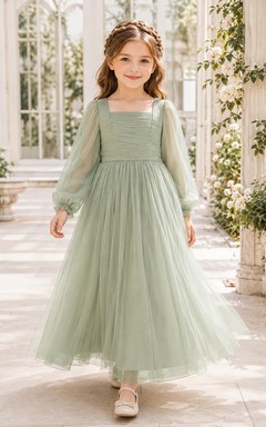Bodenlanges Tüllkleid mit Spitzenoberteil in A-Linie für Blumenmädchen, langen Ärmeln, Rundhalsausschnitt und bodenlangem Rock
